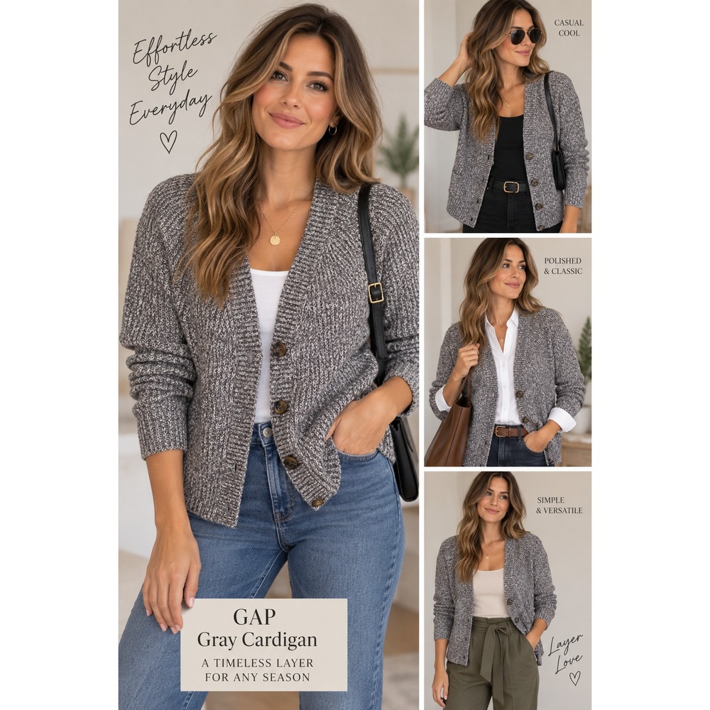 GAP Women's Gray Marled Cardigan Sweater V Neck Button Front Long Sleeve XS